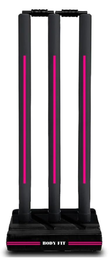 Bodyfit Cricket Stumps | Plastic Wickets Set with 3 Stumps + 2 Bails + 1 Stand | Full Size Wickets for Cricket Ground, Tournament Wicket, Floro Black-Pnk.-image-34