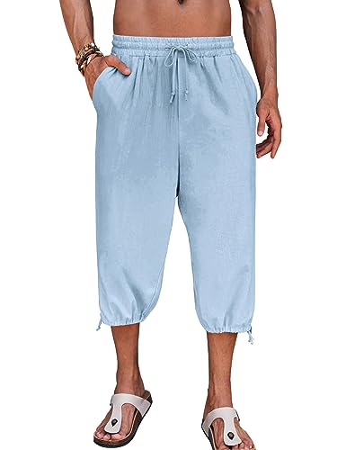 Gafeng Mens Harem Capri Pants Beach Yoga Baggy 3/4 Shorts Casual Drawstring Summer Wide Leg Pants, Sky Blue, XX-Large