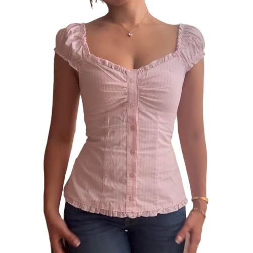 Women Cute Babydoll Puff Sleeve Lettuce Trim Top Coquette Slim Fit Button Front Smocked Back Baby Tee Y2k Going Out Top Pink