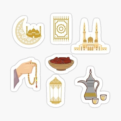 مجموعة ملصقات إسلامية رمضانية للديكور SM4U، مكونة من 7 قطع، بتصاميم بلون ذهبي وبني تشمل المسجد وسبحة ووعاء قهوة عربية