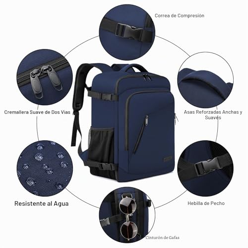 Miniatura 5 de Mochila Viaje Cabina Avion 45x36x20 Para Easyjet 30l Equipaje De Mano Bolsa De Viaje Hombre Mujer Maletas De Viaje Cabina Mochila Portatil 15.6 Pulgadas Con Puerto Usb Para Trabajo,Escuelas Azul