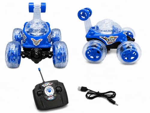 Image of Rechargeable 360 RC Stunt Car for Kids | Double-Sided High-Speed Remote Control Car with LED Lights | Rechargeable Battery Type C Charging (Blue)
