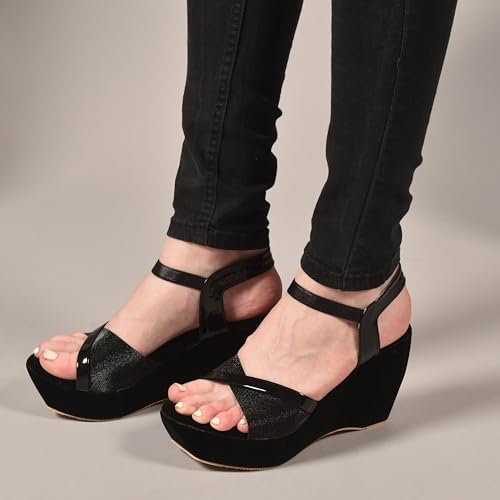 Image of Action Women's Suede Platform Sandals| Stiletto Heel| Open Toe with Ankle Strap Black