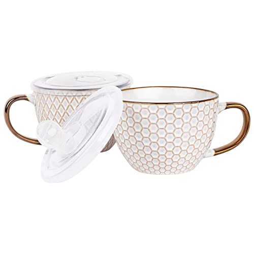 Kook Ceramic Soup Mugs, Embossed, With Handle And Vented Plastic Lid, Perfect For Overnight Oats, Microwave And Dishwasher Safe Travel Cups, Cream With Gold Accents, 18 Oz, Set Of 2, (Rounded Set) #TOP17