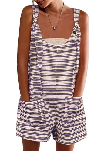 Yousify Women's Sleeveless U Neck Shorts Romper Striped Tied Purple Short Jumpsuits Overall With Pocket XS