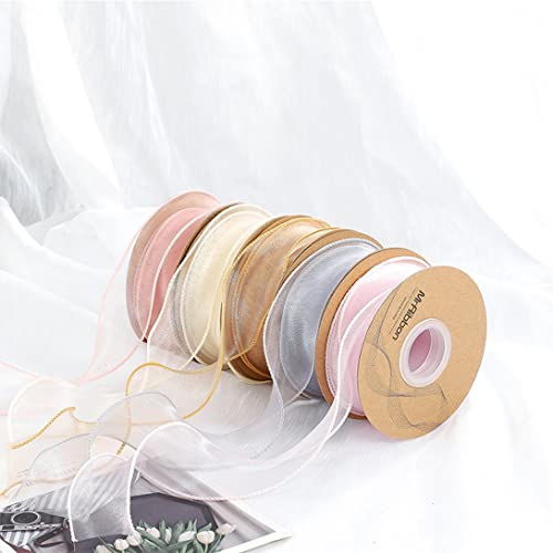 Koonafy 5 Rolls Organza Ribbons, Sheer Chiffon Ribbon