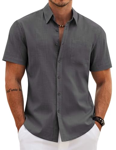 Image of COOFANDY Men's Button Down Short Sleeve Shirt Casual Cotton Summer Beach Wedding Linen Shirts with Pocket