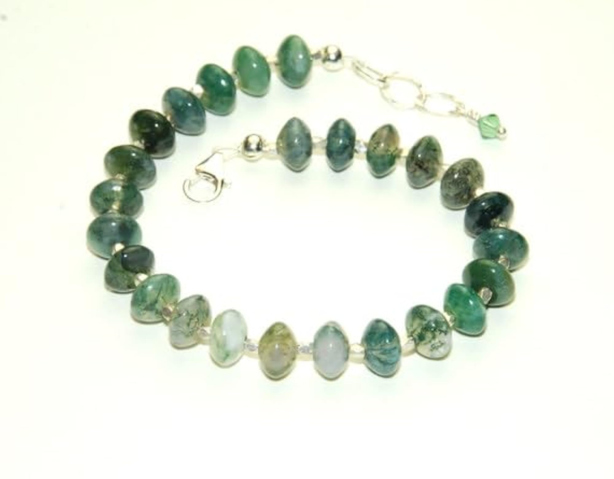Green Moss Agate Button Beaded Bracelet, Adjustable Silver Lock