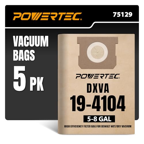 Image of POWERTEC DXVA19-4104 Shop Vac Bags 5PK for Dewalt 5-8 Gallon Wet /Dry Vacuums DXV05P-QT, DXV05S-QT, DXV06P-QT, DXV06PL, DXV08SA, Replacement Shop Vacuum Dust Collection Filter Bags (75129)