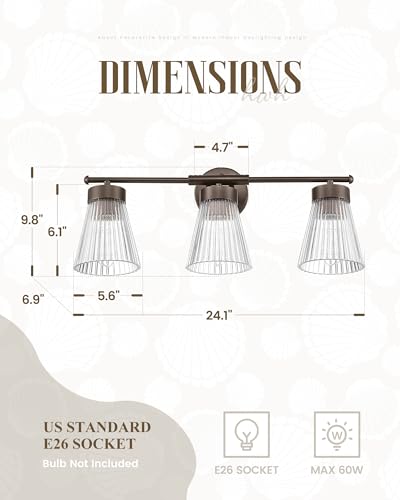 Image of Bathroom Vanity Light Fixture, HWH 3-Light Farmhouse Vanity Lights Over Mirror Bathroom Lighting Fixtures with Clear Striped Glass Shade, Oil-Rubbed Bronze Finish, 5HZG97B-3W ORB