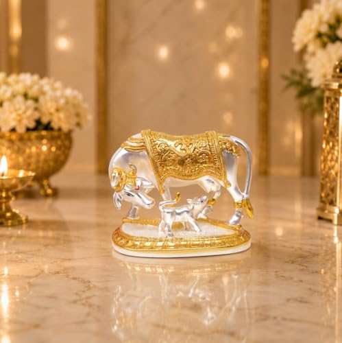 Image of Gold Art India Kamdhenu Cow with Calf Idol | 999 Silver Plated & 24KT Gold Plated | Two Tone Matte Finish | Premium Peacock Green Velvet Gift Box | Vastu Cow Statue for Home Temple & Spiritual Gifting