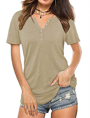 BLINGLAND Women's Short Sleeve V-Neck Button Slim Tights Casual Tunic Tops Blouse Henley Basic T Shirts Khaki XX-Large