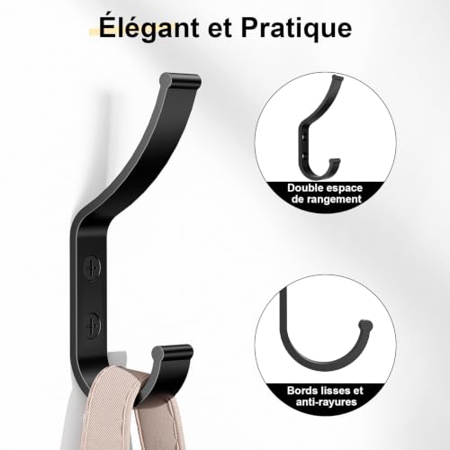 Optish 6 Pièces Patere Murale, Porte Manteau Mural Crochet Porte Manteau Robustes en Métal Avec Vis Noir Double Patere Salle de Bain pour une Entrée, Chambre pour Serviette, Chapeau – vue 3