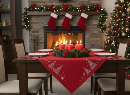 KAMACA Tischdecke Mitteldecke 85x85 cm mit filigraner Stickerei Küche Esstisch Tisch Dekoration Eyecatcher in Herbst Winter Weihnachten (Tannenbäume rot)
