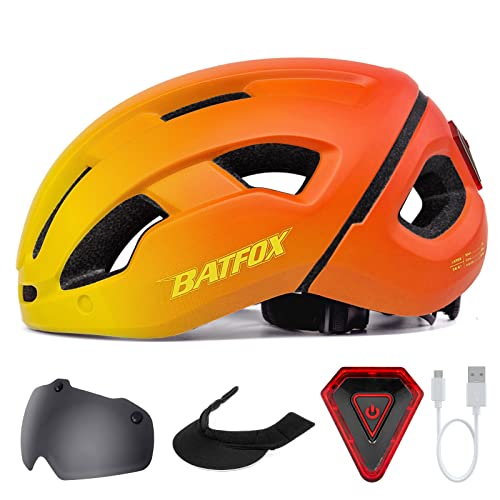 BATFOX Adults Bike Helmet Helmets for Mens WomensCasco de Bicicleta Scooter Street Urban Commuter Road Cycling Helmets with Rechargeable Led Light Visor Portable Backpack (Orange-(Lens+Cloth Visor)) 