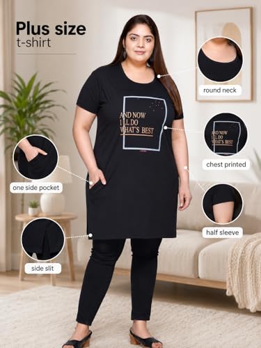 Image of In Love Women's Printed Cotton Plus Size Longline T-Shirt with Pockets | Cotton fabric - soft longline T-shirt with easy plus-size fit