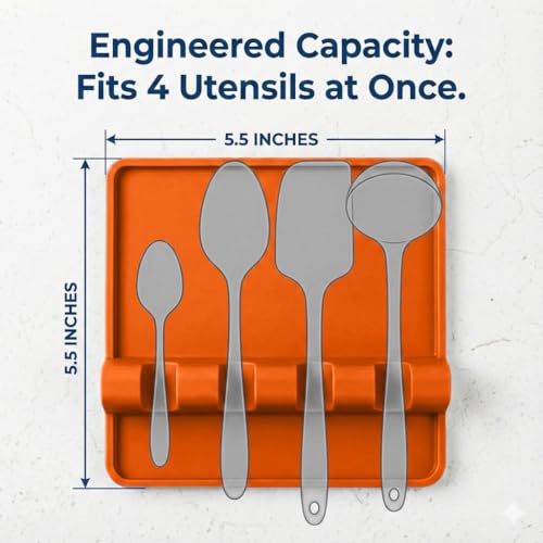 Image of Orange Silicone Spoon Rest for Stove Top with Drip Pad (Two Pack) - Heat Resistant BPA Free Utensil Rest & Spoon Holder for Kitchen Counter - Grill Utensil Chopstick Holder - Spatula Holder