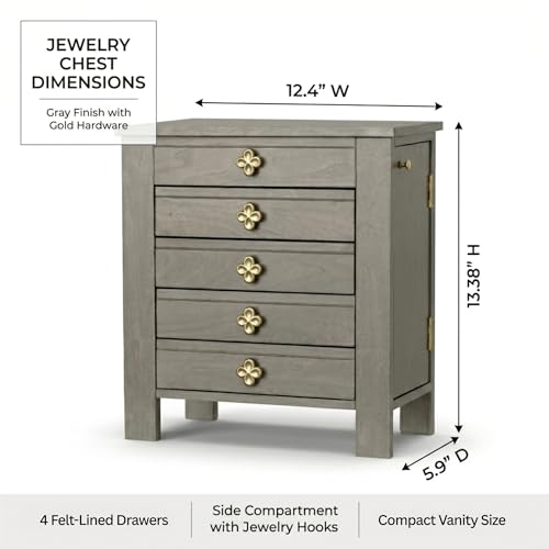 Hives & Honey Emma Wooden Jewelry Organizer - Tabletop Storage Chest with 4 Drawers, Multi-Compartment Design, Necklace Hooks, 2 Doors & Accent Knobs, Grey by Hives and Honey - Image 3