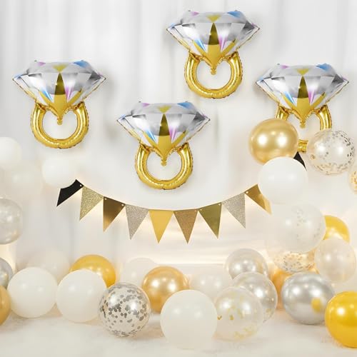 Image of Gold Diamond Ring Balloons 4 Pcs,Foil Engagement Ring Balloons for Wedding