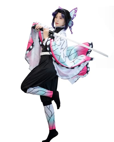 FCCAM Kochou Shinobu Cosplay Kostüm Shinobu Kimono mit Jacke Shinobu Kocho Kompletter Satz Halloween Erwachsene 3XL
