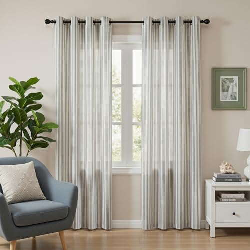 Image of MYSKY HOME Black Striped Curtains for Bedroom 84 Inches Long Farmhouse Linen Blended Light Filtering Ticking Stripe Pinstripe Patterned Curtains for Bedroom, Grommet, 2 Panels, 52 inch Wide