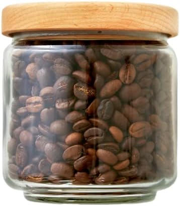SOUL ONE 17oz (500 ML) Modern Small Glass Jar with Airtight Wooden Lid, Clear Coffee Bean Container, Round Organization Jar, Kitchen Storage Canister for Serving Tea, Spice, Food, Nut, Candy, Cookie- Beech