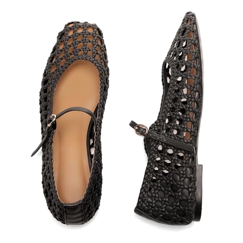 Image of Molozoey Woven Mesh Ballet Flats for Women with Metal Buckle Strap Ballerina Flat Shoes Comfortable Round Toe Mary Jane Flat.