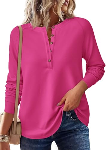 Image of PRETTYGARDEN Women's Long Sleeve Waffle Knit Henley Shirts Loose Tunic Tops