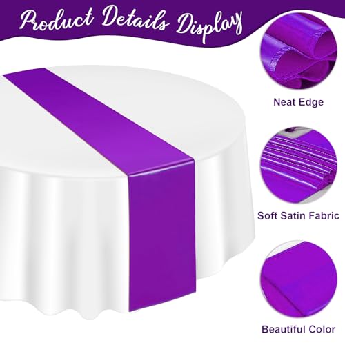 Image of 12Pack 12x108 Inch Satin Table Runner and 84 Inch Round Plastic Tablecloths Set White Purple Disposable Round Table Cover for Graduation Wedding Bridal Shower Anniversary Birthday Party Decorations