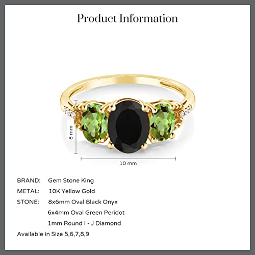 Gem Stone King 2.64 Cttw Oval 8X6MM Black Onyx Oval 6X4MM Green Peridot 10K Yellow Gold 3-Stone Ring for Women | Gemstone Birthstone | Size 5,6,7,8,94