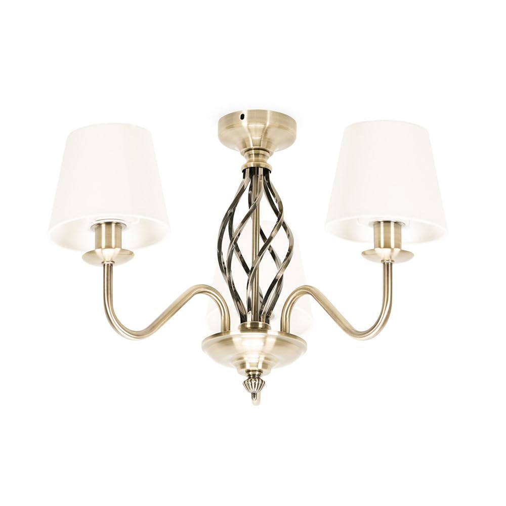 ValueLights | Traditional Antique Brass 3 Light Ceiling Light Chandelier for Living Room with Fabric Lampshade Hallway Lamps | Ceiling Lights, Home Décor Essential | Included LED Bulb | Mains Wired