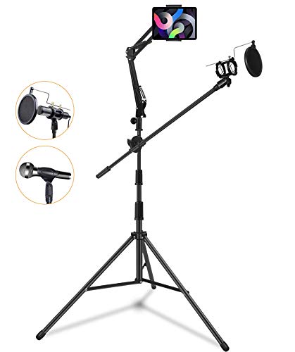 OOWOLF マイクスタンド ブームとストレートの2Way仕様 三脚マイクスタンド 360度&高さ調節可能 タブレット&スマホホルダー付き ポップブロッカー付き 変換用マイク クリップ付き iPad/スマホ適用 講習会/ライブ/スピーチ/放送/カラオケ ストレートマイクスタンド/マイククリップスタンド/折りたたみマイクスタンド マイクスタンド コンデンサーマイク用 ブラツク