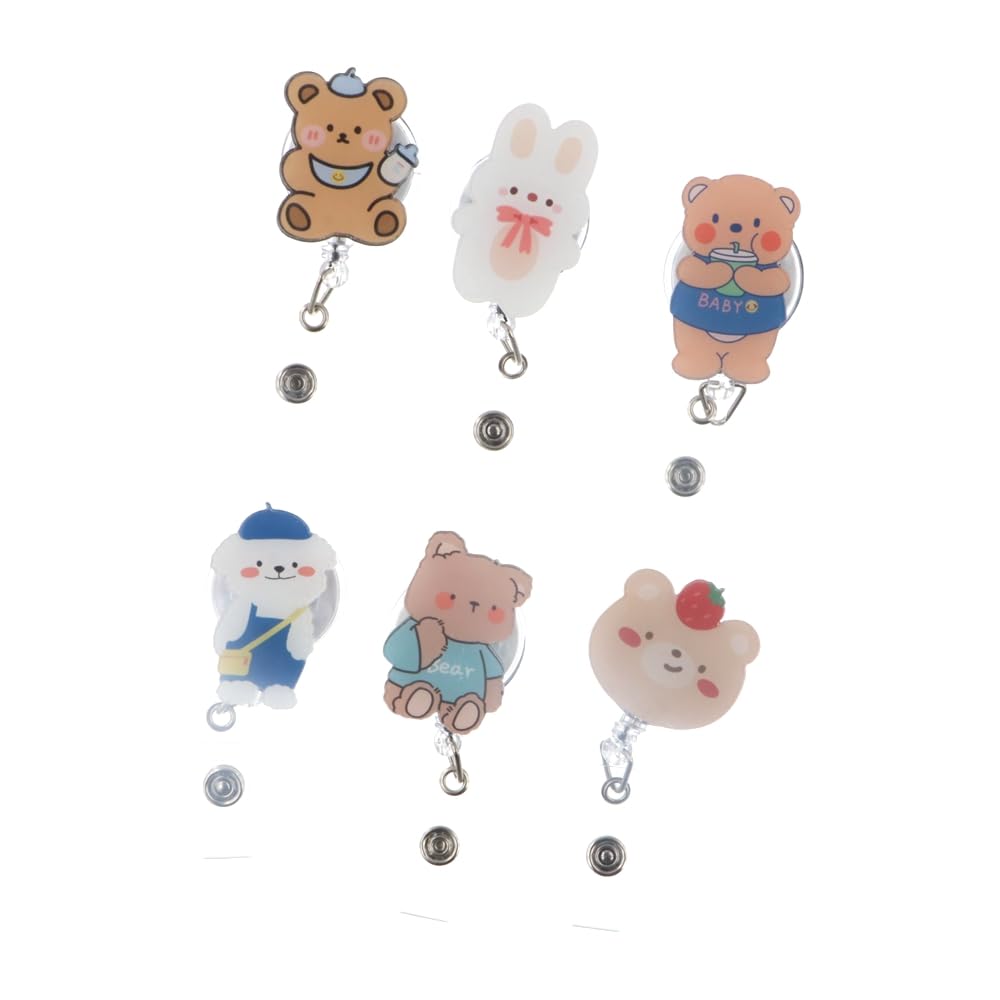 6 Pcs Acrylic Bears Retractable Badge Reel Retractable Badge Holder with Cute Animal ID Card Clips for Nurse Doctor Student Name Tag Card