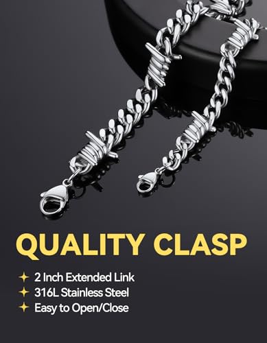 ChainsHouse Barbed Wire Bracelet, Cuban Link Chain Bracelet for Men, Stainless Steel Gothic Punk Thorns Hand Chain, Hip Hop Jewelry, 7mm/9 mm Width, 7"-8.3" Length, Send Gift Box4