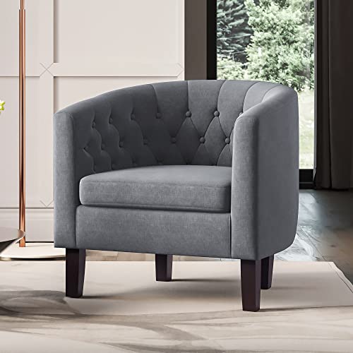 Image of BELLEZE Accent Barrel Arm Chair, Set of 2 Modern Comfy Upholstered Tufted Club Chair with Sturdy Legs and Linen Fabric for Bedroom Living Room - Gray