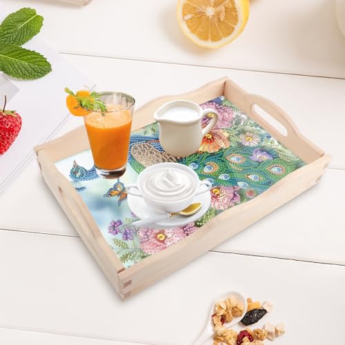 Image of DIY Diamond Art Tray with Handle Diamond Art Painting Plate Creative Design Handmade Wooden Tray Mosaic Making Kits by Number Kits Diamond Art for Coffee Living Room Home Organizer (Peacock)