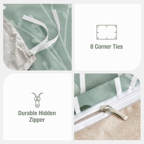 Image of Lekesky Green Duvet Cover King Size, Reversible Floral King Comforter Cover with Branch Pattern, Soft 100% Washed Microfiber 3 Pieces Green Bedding Set with Zipper and 2 Pillowcases 20 inchx36 inch