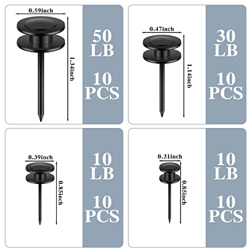 Image of Ferraycle 40 Piece Double Headed Picture Hangers Nails 4 Size Thumb Tacks for Wall Hanging Renter Friendly Decor Heavy Duty Push Pins Wall Nails for Drywall Frame Art, 10 /20 / 30 / 50lb(Black)