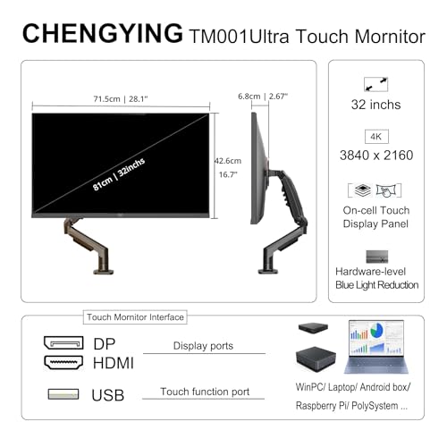 Image of Chengying Touch Screen Monitor | 32 inch 4k | Ultra Narrow Bezel Monitor with Ergonomic Bracket arm | Touch Panel and Display Panel 2in1