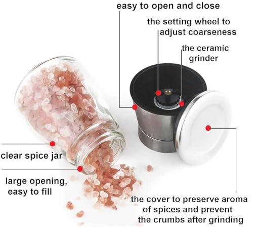 Image of Beautiful Stainless Steel Salt & Pepper Grinders Refillable Set - Salt /Spice Shakers with Adjustable Coarse Mills - Easy Clean Ceramic Grinders (Mini Pepper Mill 2 pcs)