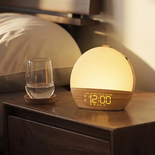 Tempospark Wood Grain White Noise Sound Machine Sunrise Alarm Clock with 30 Soothing Sounds, 17 Night Lights, Bluetooth Speaker Wake Up Light Alarm Clocks for bedrooms, Heavy Sleepers, Baby, Kids - image 1