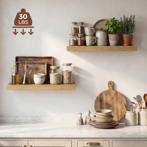 Image of Dreamland 24 Inches Floating Shelves for Wall,9.3 inch Deep Long Floating Shelves Set of 2,Large Display & Storage Shelf,Wall Shelf for Bathroom Bedroom Living Room Kitchen Office,Oak