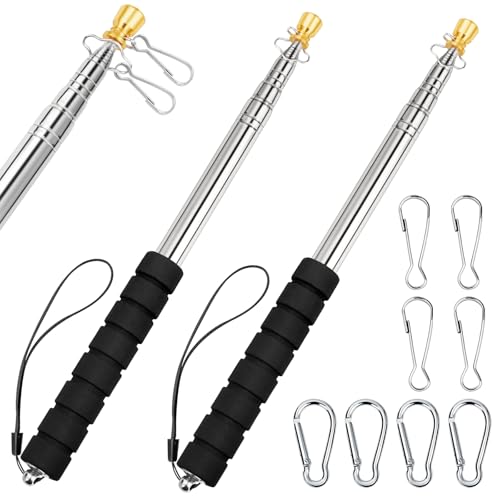 2 Pack Portable Handheld Flag Pole, 8.2Ft/2.5M Stainless Steel Telescopic Hand Held Carry Flag Pole, Telescoping Tour Guide Flagpole Extendable Hand Flagpoles for 3x5 4x6 flags with 8 Pcs Clips