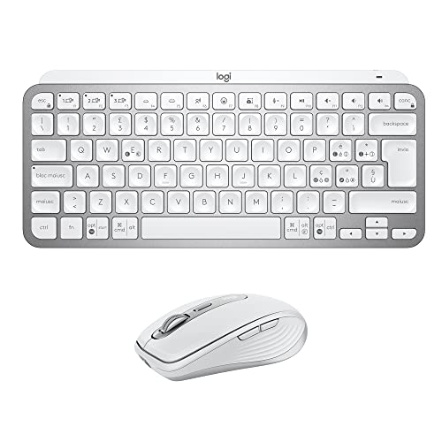 Logitech MX Keys Mini Tastiera + MX Anywhere 3 Mouse Wireless Combo - Tasti Retroilluminati, USB-C, Bluetooth, Compatto ed Ergonomico, Scroll Rapido, Compatibile Multi-OS, PC/Mac - Grigio Chiaro