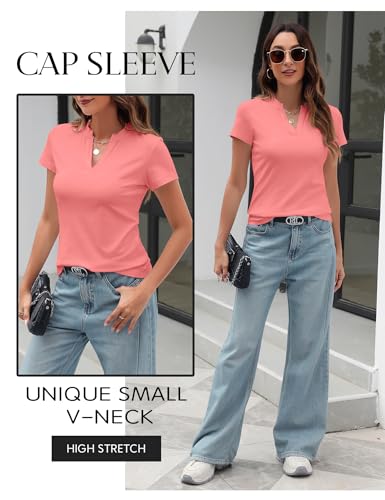 Image of Meetrendi Women's Notch V Neck T-Shirt Slim Fit Premium Cotton Blend Short Top