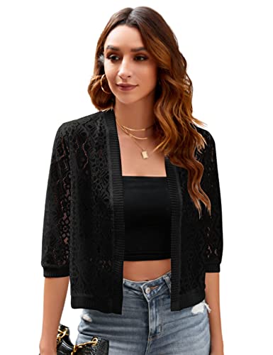 Image of Xunger Women's 3 /4 Sleeve Lace Cardigan Casual Open Front Floral Lace Shrug Summer Cover Up