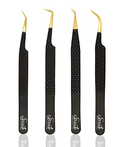 SIVOTE Fiber Tip Lash Tweezers for Eyelash Extensions with Diamond Grip Black Set of 4 - Precise Tips Japanese Steel for Classic Volume & Mega Volume Lashes Anti-Rust - Ideal for Lash Artists