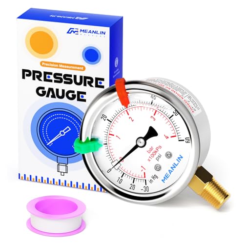 Image of MEANLIN MEASURE -30inHG~60Psi Vacuum Pressure Gauge 1 /4 inch NPT 2.5 inch FACE DIAL, Stainless Steel Liquid Filled Pressure Gauge WOG Water Oil Air Lower Mount (with 2PCS Snaps)