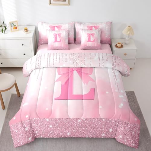 Image of Feelyou Kids Pink Bowknot Comforter Set with Sheets Twin Size, Personalized Initial L Bed in A Bag Princess Glitter 7 Pieces Bedding Set Boys Girls Bow Alphabet Teens Bed Set Bedroom Decor 7Pcs