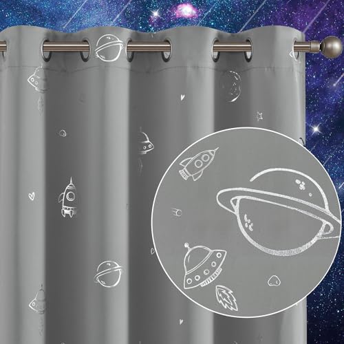 Vangao Grey Kids Curtains for Boys Bedroom Space Theme Blackout Curtains for Kids Nursery Girls Room 63 Inches Length Silver Foil Print Drapes Grommet Top Window Treatments Set 2 Panels